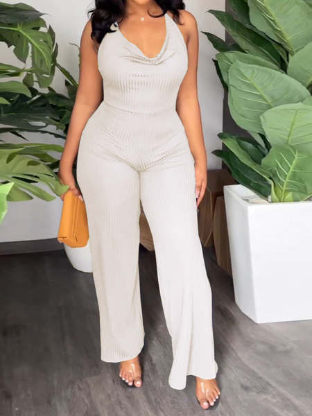 V-Pile Tie - Up Backless Casual Wide-Leg Jumpsuit - Serenitylovefashions LLC