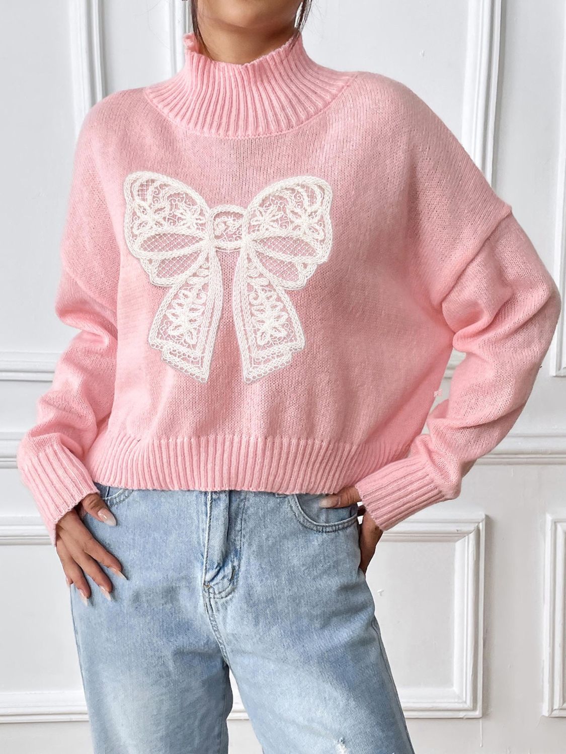 Bow Turtleneck Long Sleeve Sweater - Serenitylovefashions LLC