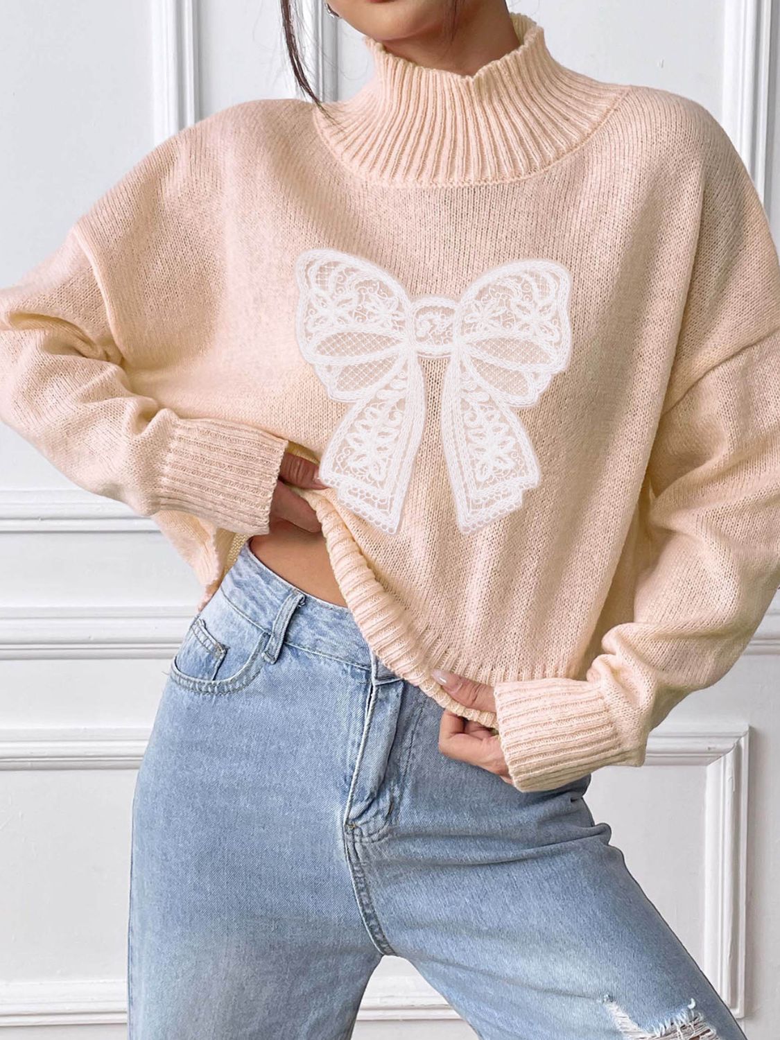 Bow Turtleneck Long Sleeve Sweater - Serenitylovefashions LLC
