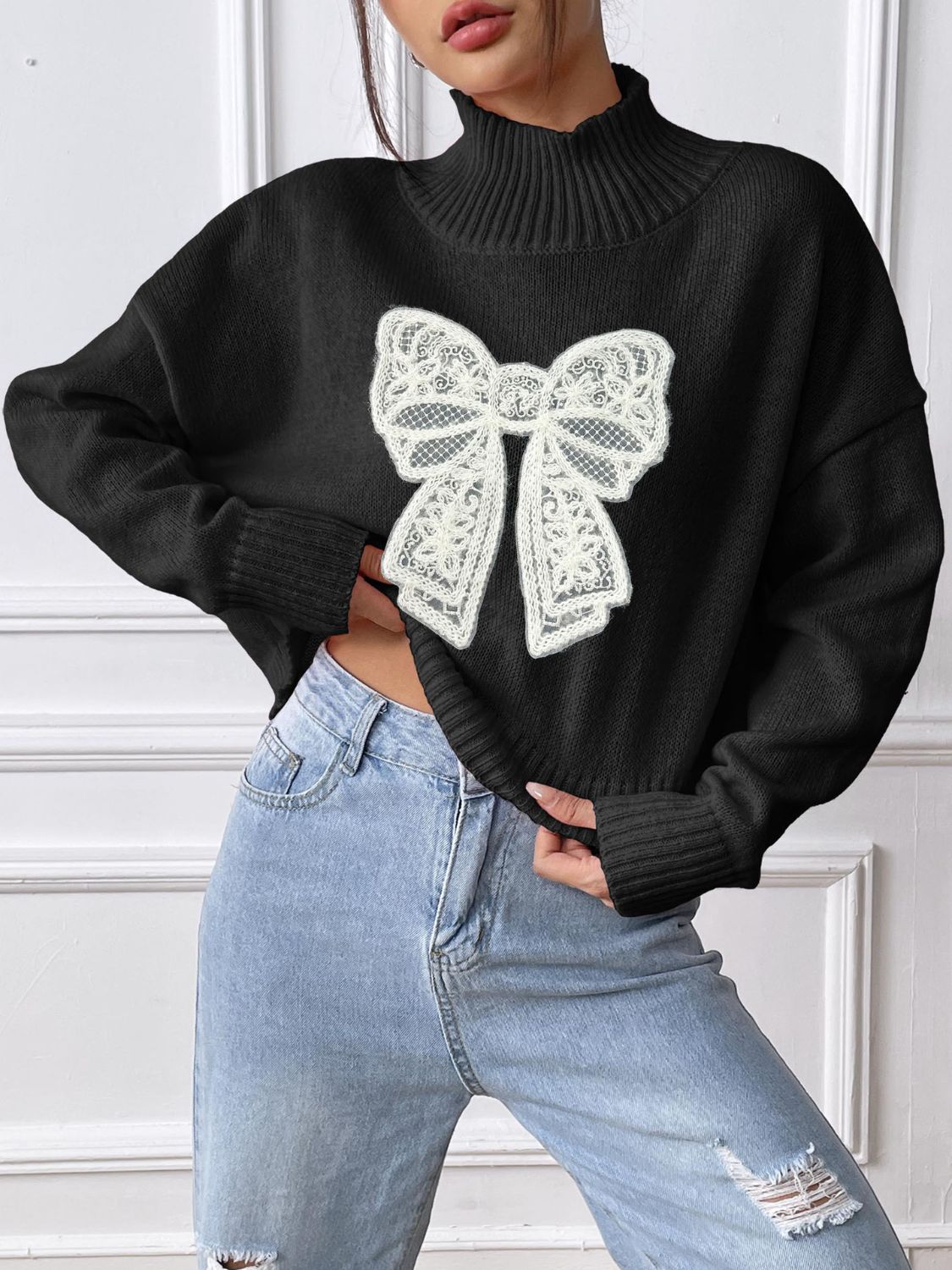 Bow Turtleneck Long Sleeve Sweater - Serenitylovefashions LLC