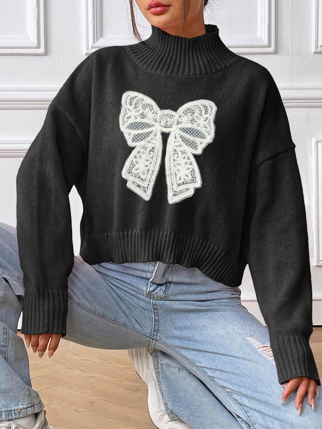 Bow Turtleneck Long Sleeve Sweater - Serenitylovefashions LLC