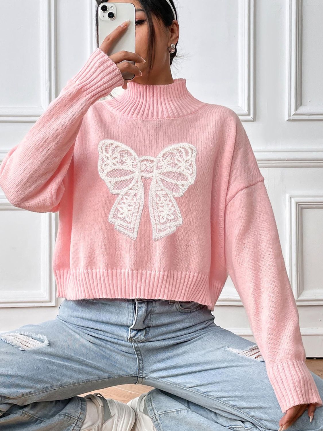 Bow Turtleneck Long Sleeve Sweater - Serenitylovefashions LLC