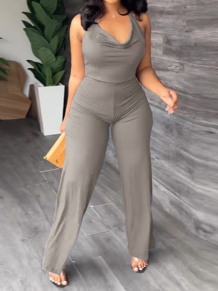 V-Pile Tie - Up Backless Casual Wide-Leg Jumpsuit - Serenitylovefashions LLC