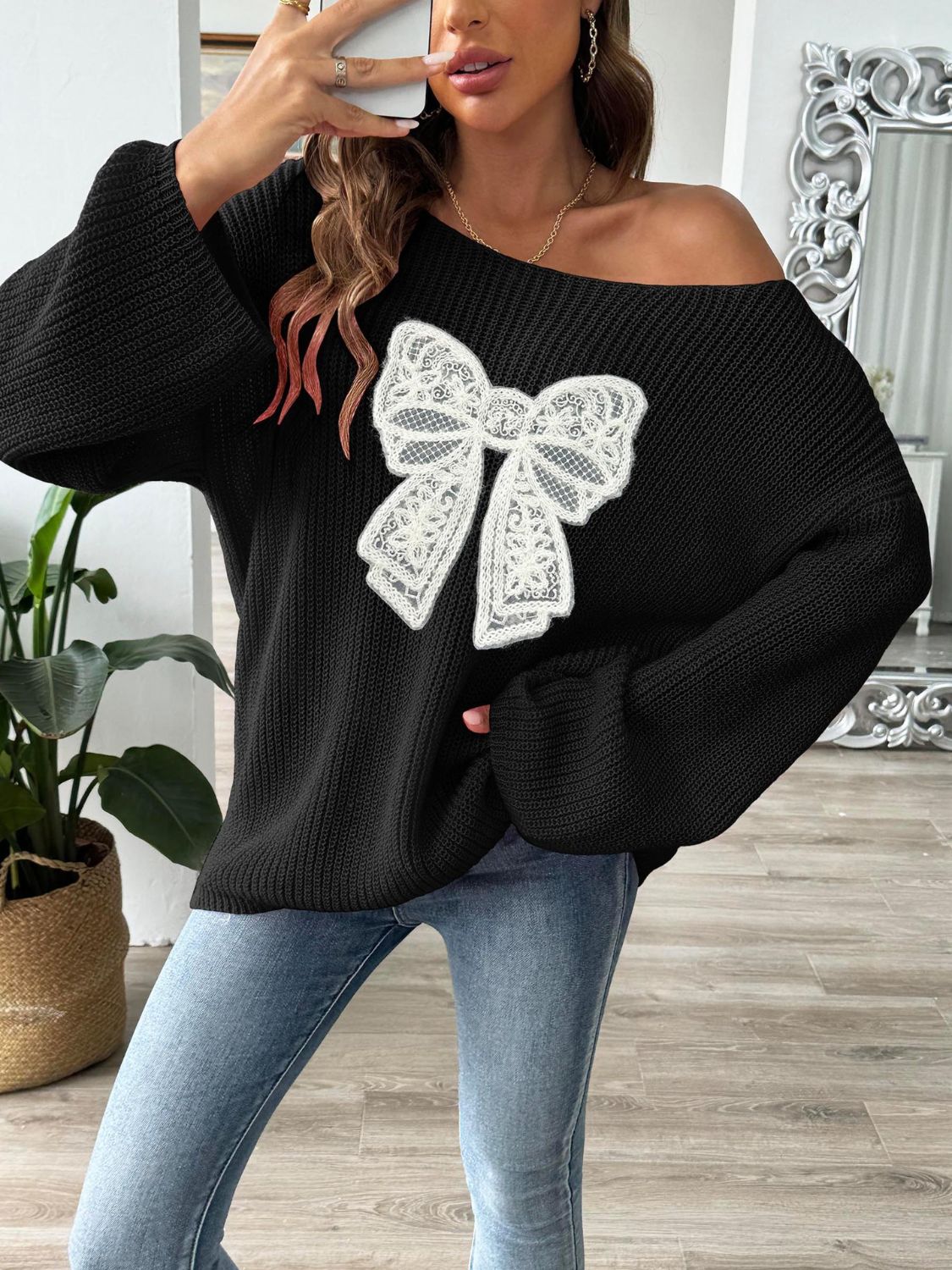 Bow Boat Neck Long Sleeve Sweater - Serenitylovefashions LLC