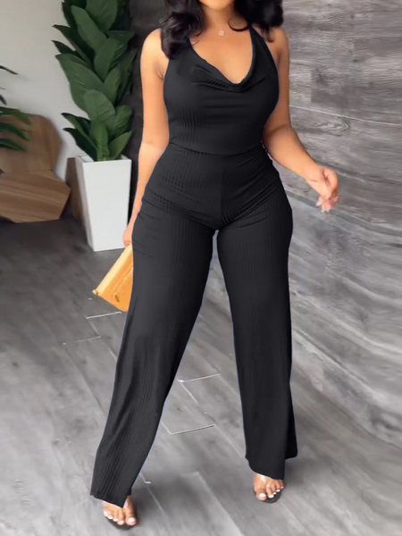 V-Pile Tie - Up Backless Casual Wide-Leg Jumpsuit - Serenitylovefashions LLC