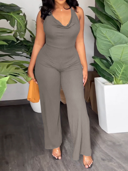 V-Pile Tie - Up Backless Casual Wide-Leg Jumpsuit - Serenitylovefashions LLC