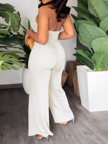 V-Pile Tie - Up Backless Casual Wide-Leg Jumpsuit - Serenitylovefashions LLC
