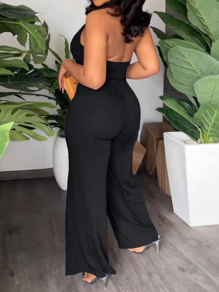V-Pile Tie - Up Backless Casual Wide-Leg Jumpsuit - Serenitylovefashions LLC