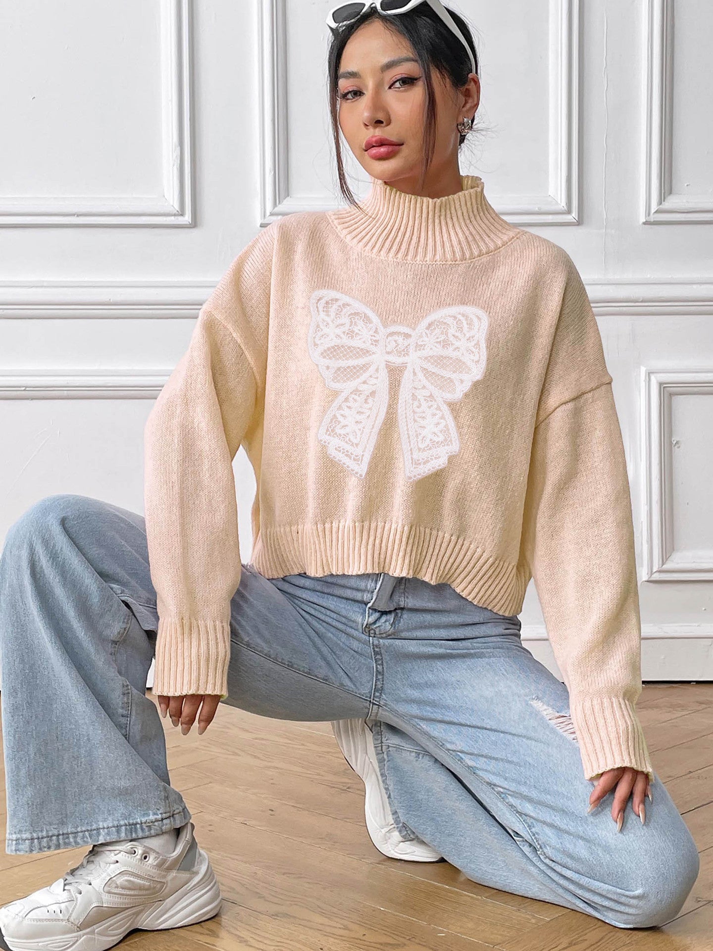 Bow Turtleneck Long Sleeve Sweater - Serenitylovefashions LLC