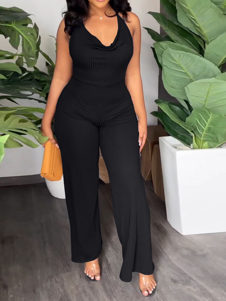 V-Pile Tie - Up Backless Casual Wide-Leg Jumpsuit - Serenitylovefashions LLC