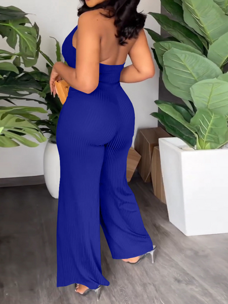 V-Pile Tie - Up Backless Casual Wide-Leg Jumpsuit - Serenitylovefashions LLC