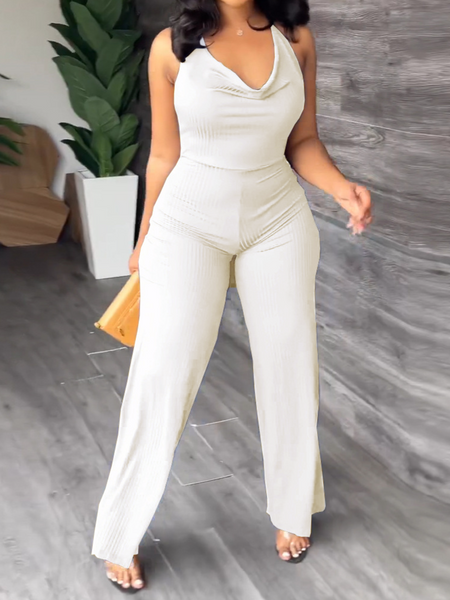 V-Pile Tie - Up Backless Casual Wide-Leg Jumpsuit - Serenitylovefashions LLC
