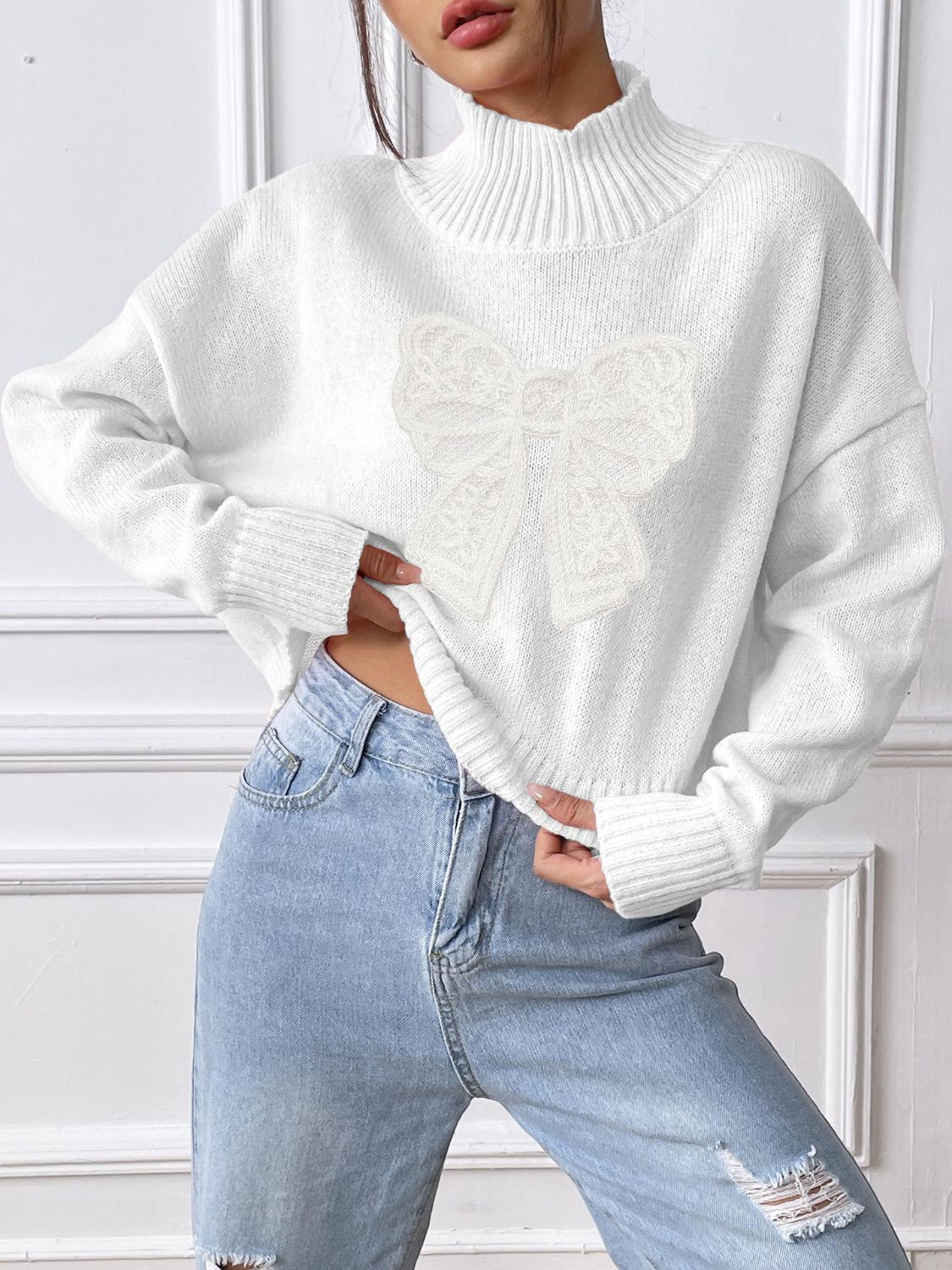 Bow Turtleneck Long Sleeve Sweater - Serenitylovefashions LLC