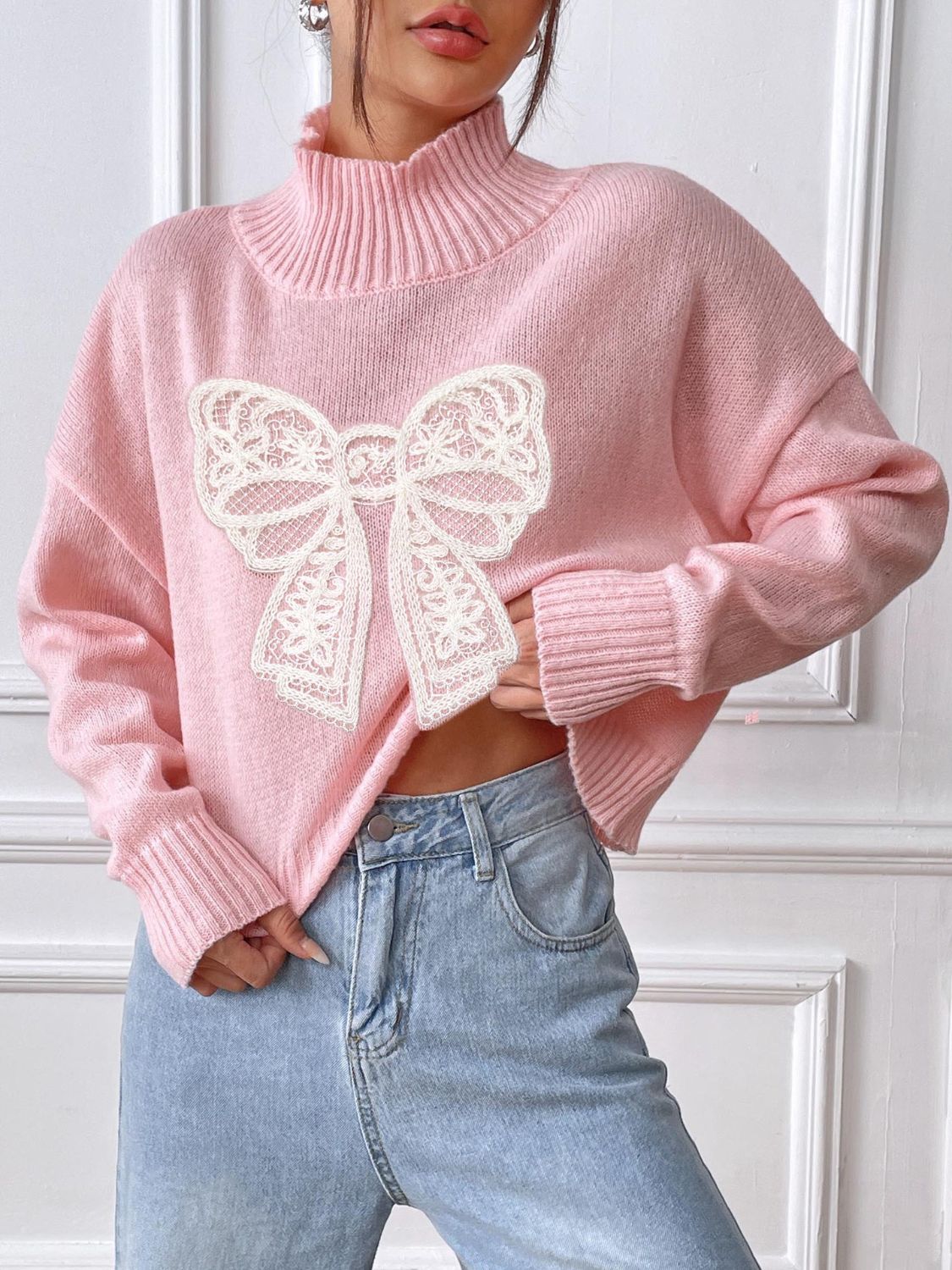 Bow Turtleneck Long Sleeve Sweater - Serenitylovefashions LLC