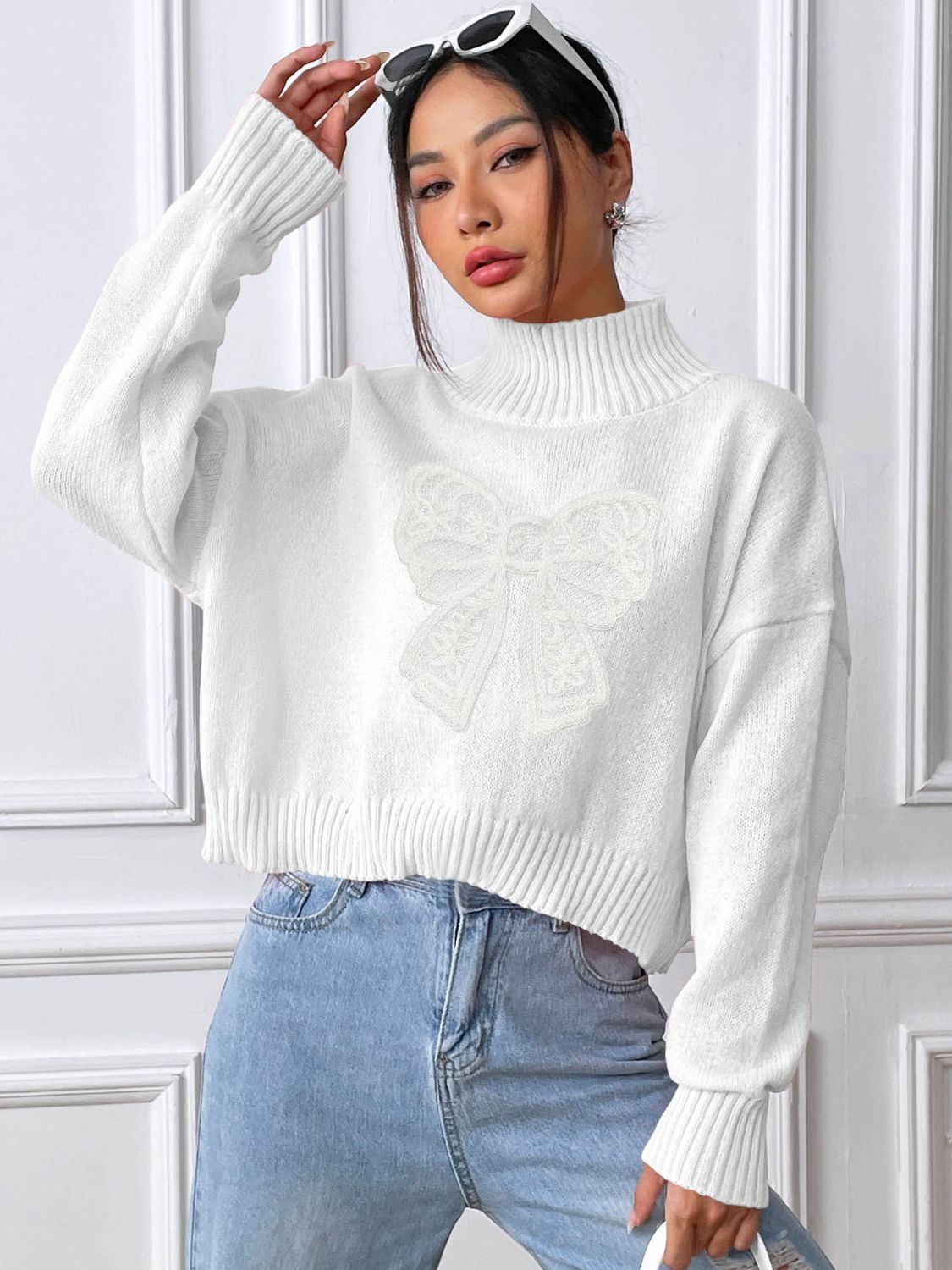 Bow Turtleneck Long Sleeve Sweater - Serenitylovefashions LLC