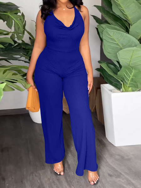 V-Pile Tie - Up Backless Casual Wide-Leg Jumpsuit - Serenitylovefashions LLC