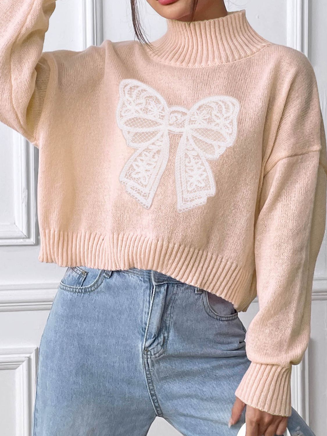 Bow Turtleneck Long Sleeve Sweater - Serenitylovefashions LLC
