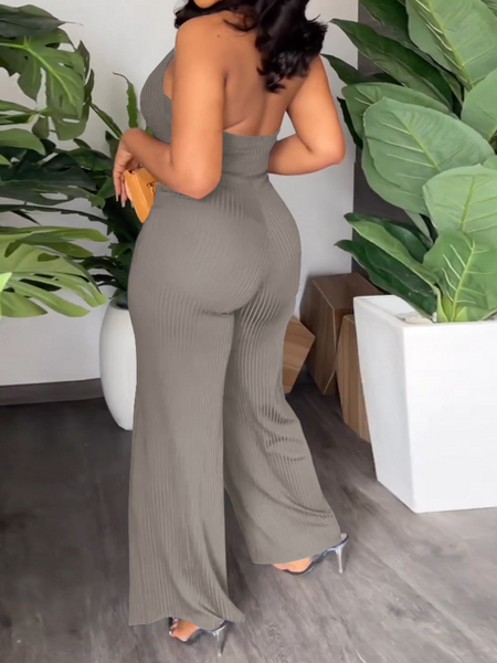 V-Pile Tie - Up Backless Casual Wide-Leg Jumpsuit - Serenitylovefashions LLC
