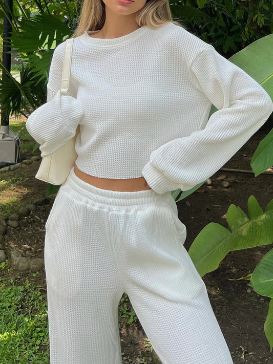 Waffle-Knit Round Neck Top and Pants Set - Serenitylovefashions LLC