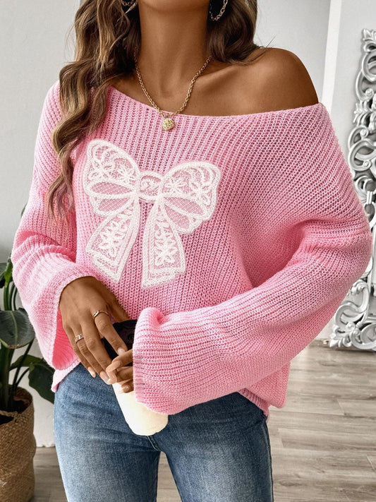 Bow Boat Neck Long Sleeve Sweater - Serenitylovefashions LLC