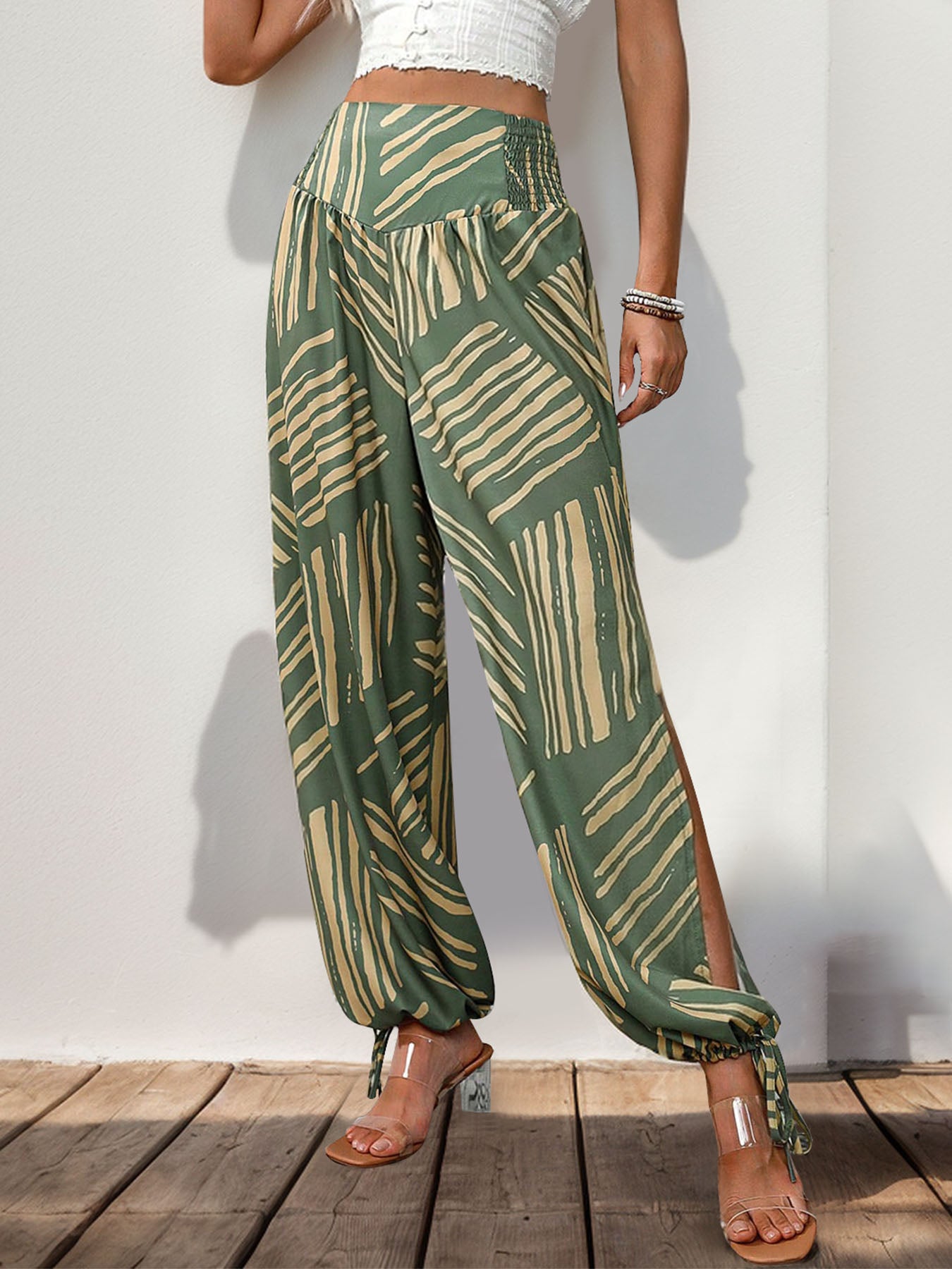 Perfee Smocked Slit Printed High Waist Pants - Serenitylovefashions LLC