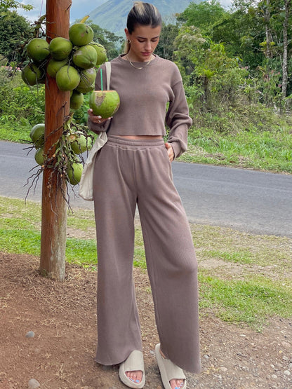 Waffle-Knit Round Neck Top and Pants Set - Serenitylovefashions LLC