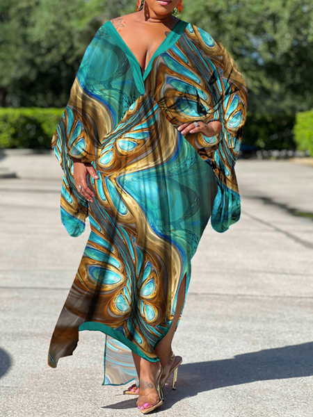 V-Neck Long Sleeve Print Dress(Wear Both Front And Back) - Serenitylovefashions LLC