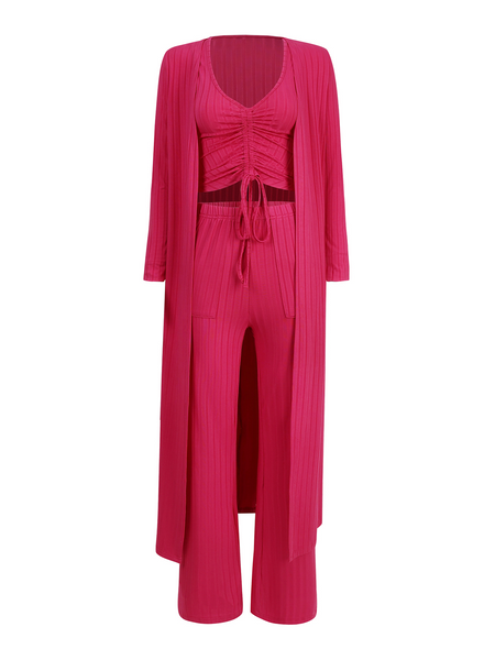 Women's V-Neck Drawstring Ribbed 3 Piece  Cardigan Set with Leggings - Serenitylovefashions LLC