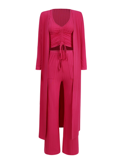 Women's V-Neck Drawstring Ribbed 3 Piece  Cardigan Set with Leggings - Serenitylovefashions LLC