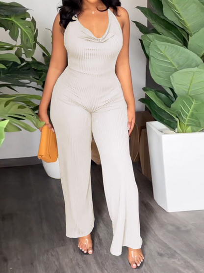 V-Pile Tie - Up Backless Casual Wide-Leg Jumpsuit - Serenitylovefashions LLC