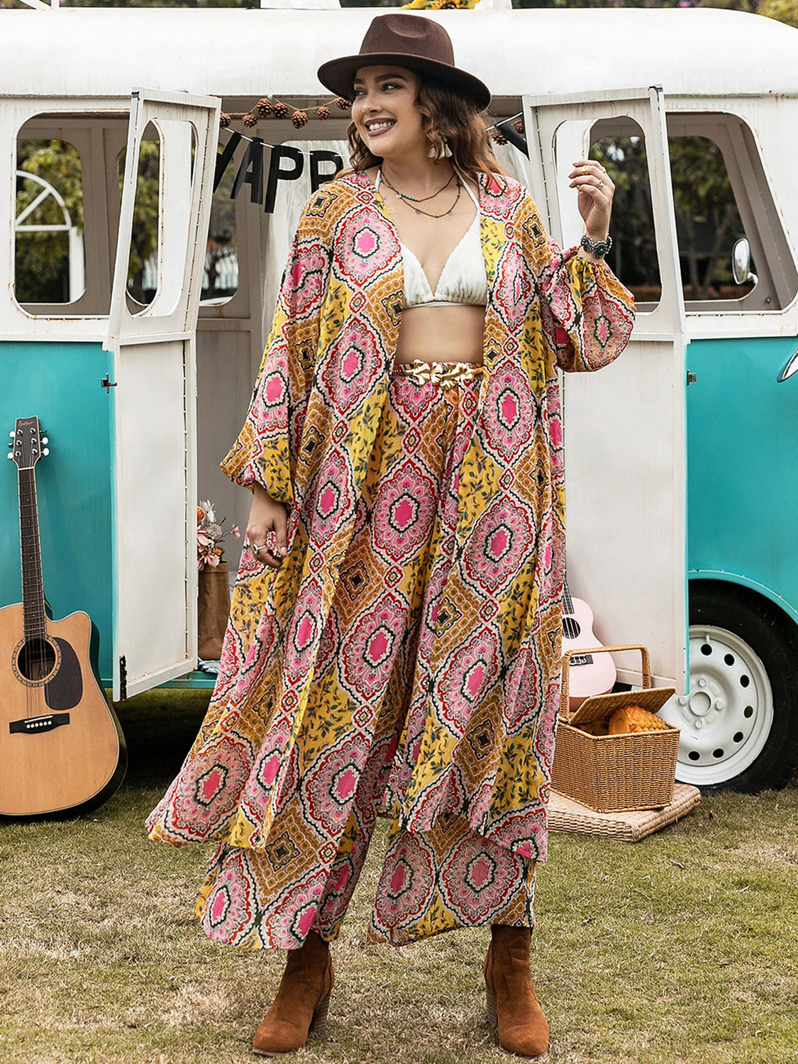 Plus Size Printed Open Front Cover Up and Pants Set - Serenitylovefashions LLC