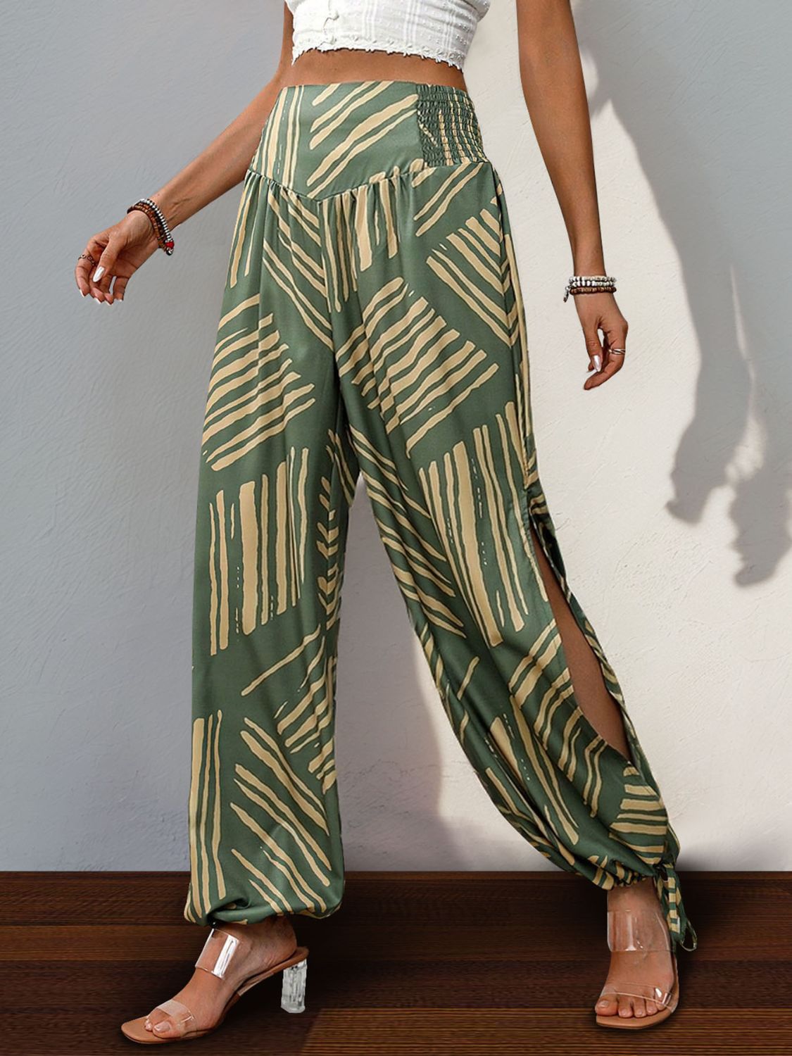 Perfee Smocked Slit Printed High Waist Pants - Serenitylovefashions LLC
