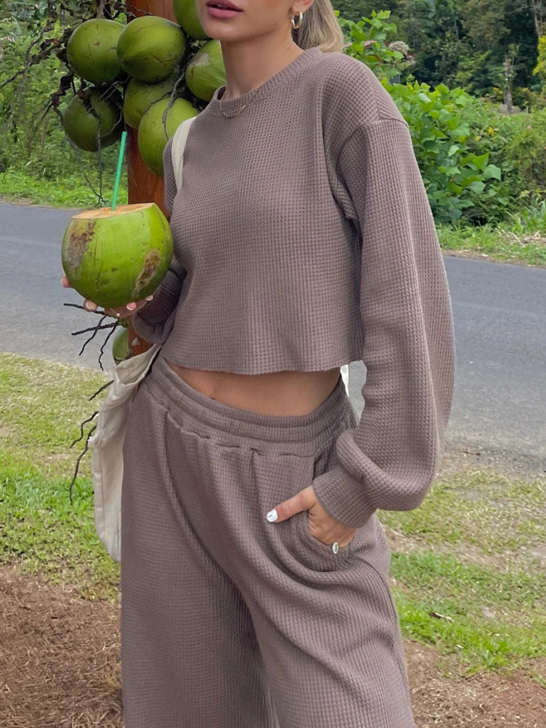 Waffle-Knit Round Neck Top and Pants Set - Serenitylovefashions LLC
