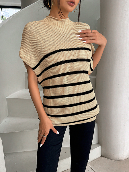 Ribbed Knit Sweater Batwing Sleeve Vest High Neck - Serenitylovefashions LLC