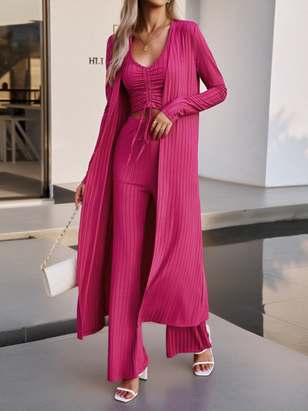 Women's V-Neck Drawstring Ribbed 3 Piece  Cardigan Set with Leggings - Serenitylovefashions LLC