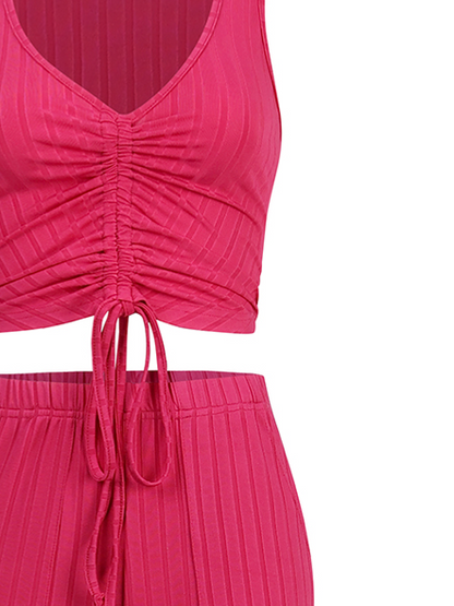 Women's V-Neck Drawstring Ribbed 3 Piece  Cardigan Set with Leggings - Serenitylovefashions LLC