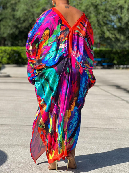 V-Neck Long Sleeve Print Dress(Wear Both Front And Back) - Serenitylovefashions LLC