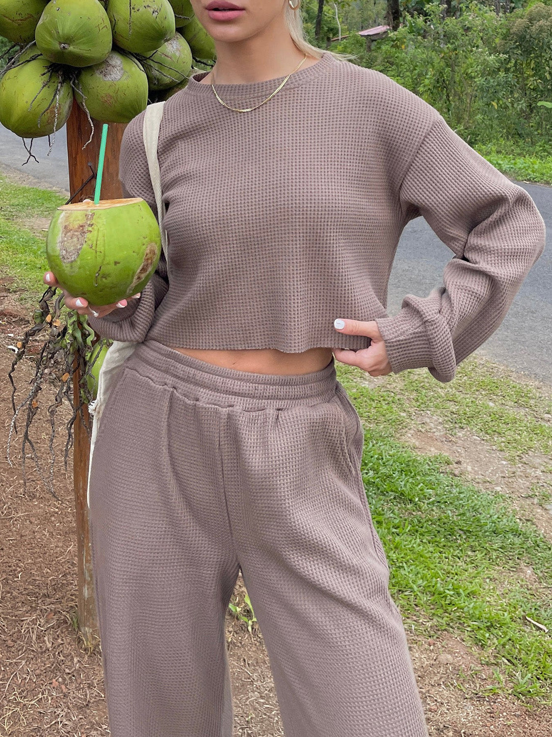 Waffle-Knit Round Neck Top and Pants Set - Serenitylovefashions LLC