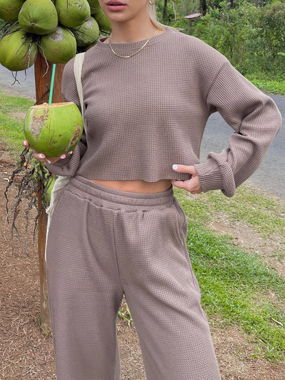 Waffle-Knit Round Neck Top and Pants Set - Serenitylovefashions LLC