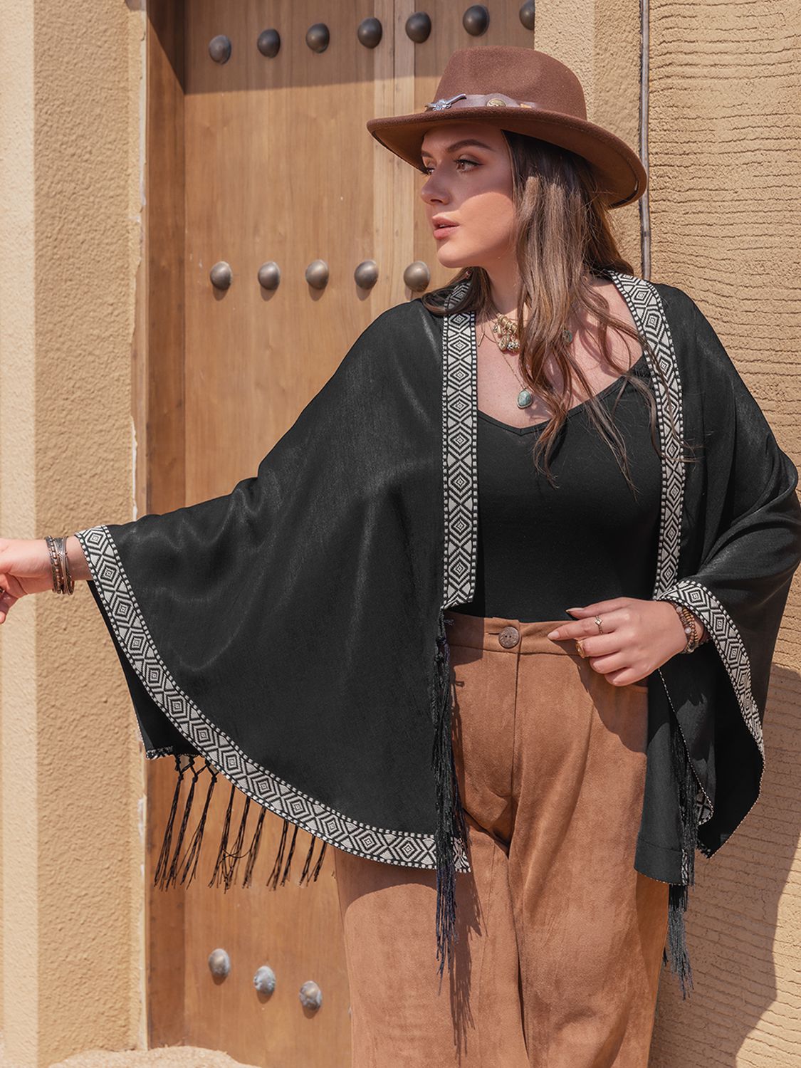 Plus Size Geometric Open Front Fringe Hem Cardigan - Serenitylovefashions LLC