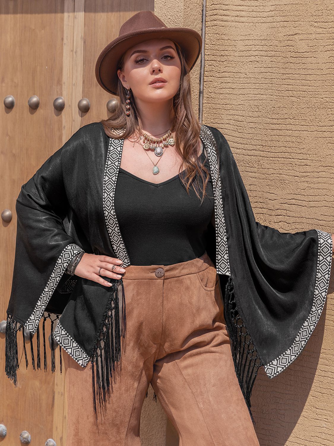 Plus Size Geometric Open Front Fringe Hem Cardigan - Serenitylovefashions LLC