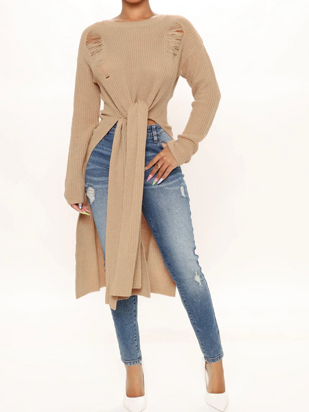Women's Tie Front High Split Hem Hollow Out Knitted Sweater - Serenitylovefashions LLC