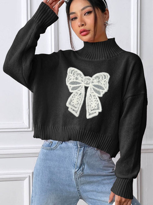 Bow Turtleneck Long Sleeve Sweater - Serenitylovefashions LLC