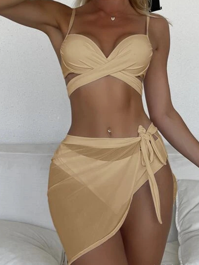 Mesh Bikini Solid Cut Out Three Piece Swimsuit - Serenitylovefashions LLC