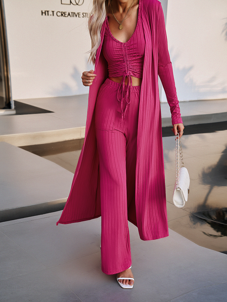 Women's V-Neck Drawstring Ribbed 3 Piece  Cardigan Set with Leggings - Serenitylovefashions LLC