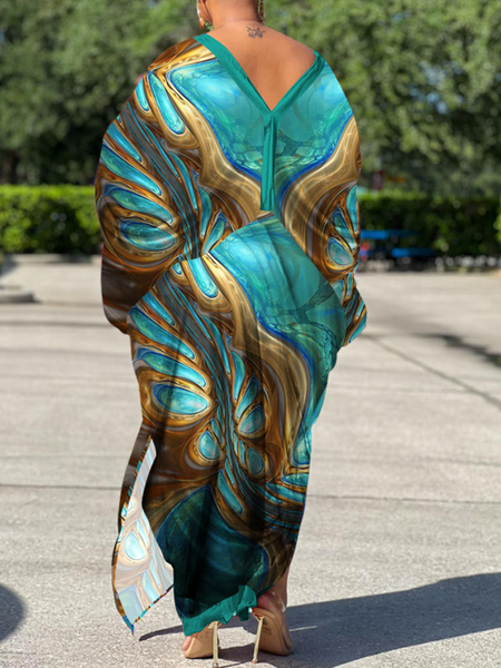 V-Neck Long Sleeve Print Dress(Wear Both Front And Back) - Serenitylovefashions LLC