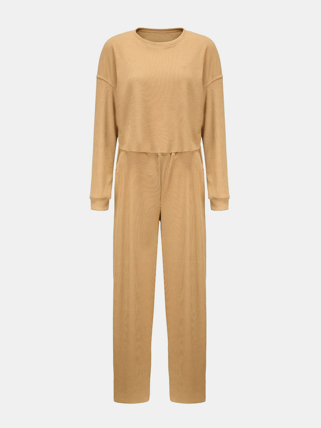 Waffle-Knit Round Neck Top and Pants Set - Serenitylovefashions LLC