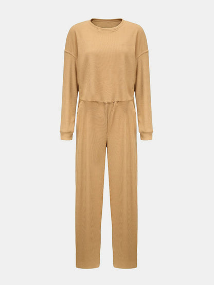 Waffle-Knit Round Neck Top and Pants Set - Serenitylovefashions LLC