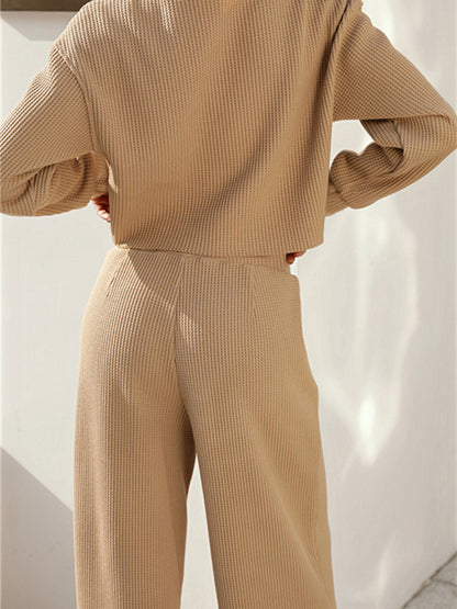 Waffle-Knit Round Neck Top and Pants Set - Serenitylovefashions LLC