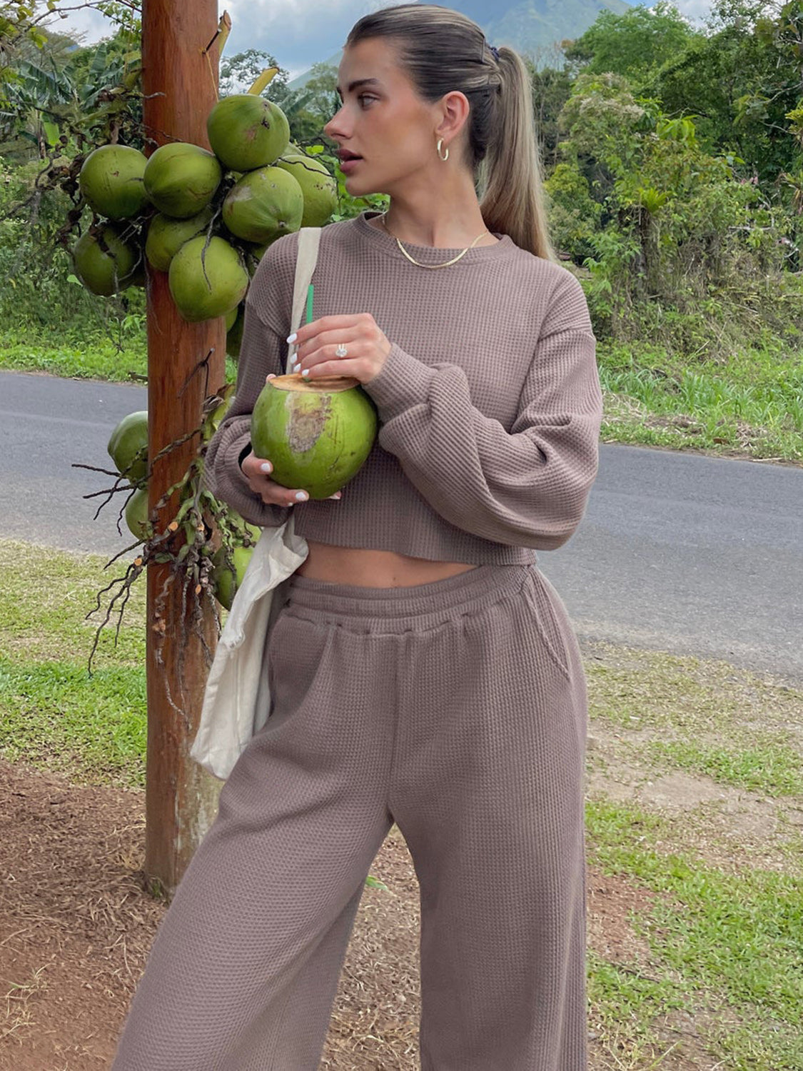 Waffle-Knit Round Neck Top and Pants Set - Serenitylovefashions LLC